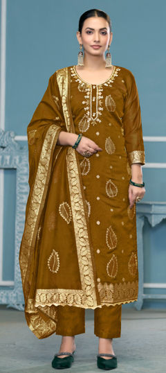 Yellow color Salwar Kameez in Banarasi Silk fabric with Embroidered, Thread, Weaving work