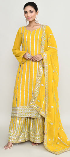 Yellow color Salwar Kameez in Silk fabric with Embroidered, Sequence work