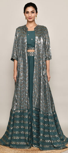 Green color Long Lehenga Choli in Georgette fabric with Embroidered, Sequence work