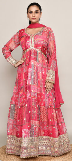 Pink and Majenta color Gown in Organza Silk fabric with Embroidered, Printed work