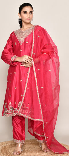Pink and Majenta color Salwar Kameez in Silk fabric with Embroidered, Sequence work