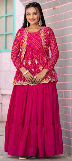 Pink and Majenta color Long Lehenga Choli in Silk fabric with Bandhej, Embroidered, Printed, Thread work