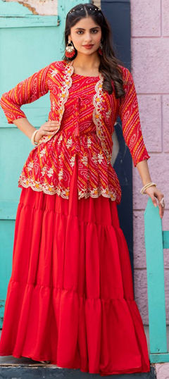 Red and Maroon color Long Lehenga Choli in Silk fabric with Bandhej, Embroidered, Printed, Thread work