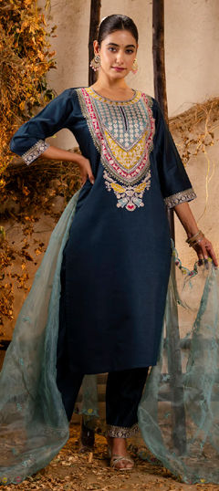 Blue color Salwar Kameez in Rayon fabric with Embroidered, Sequence, Thread work