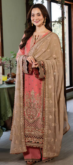 Pink and Majenta color Salwar Kameez in Faux Georgette fabric with Embroidered, Sequence, Thread work