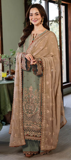 Green color Salwar Kameez in Faux Georgette fabric with Embroidered, Sequence, Thread work