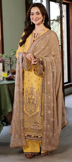 Yellow color Salwar Kameez in Faux Georgette fabric with Embroidered, Sequence, Thread work