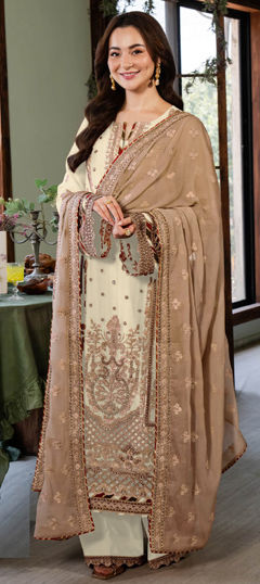 White and Off White color Salwar Kameez in Faux Georgette fabric with Embroidered, Sequence, Thread work
