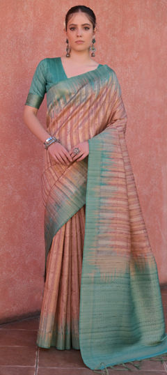 Beige and Brown color Saree in Tussar Silk fabric with Weaving, Zari work