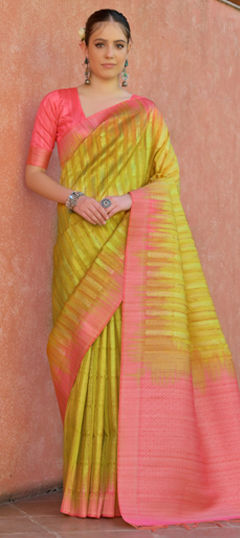 Yellow color Saree in Tussar Silk fabric with Weaving, Zari work