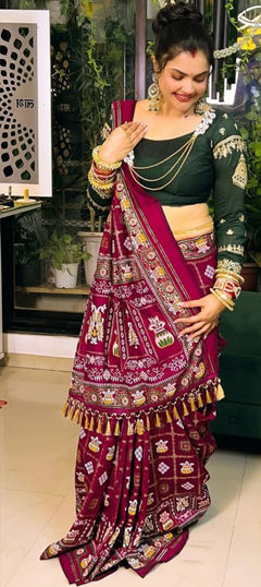 Red and Maroon color Saree in Silk fabric with Bandhej, Printed work
