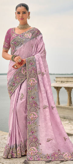 Purple and Violet color Saree in Silk fabric with Border, Embroidered, Resham, Stone, Thread, Zari work