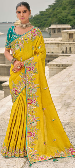 Yellow color Saree in Silk fabric with Border, Embroidered, Resham, Stone, Thread, Zari work