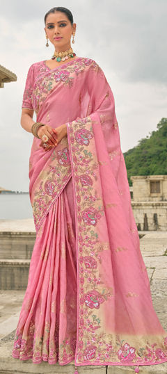 Pink and Majenta color Saree in Silk fabric with Border, Embroidered, Resham, Stone, Thread, Zari work