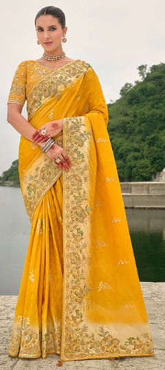 Yellow color Saree in Silk fabric with Border, Embroidered, Resham, Stone, Thread, Zari work