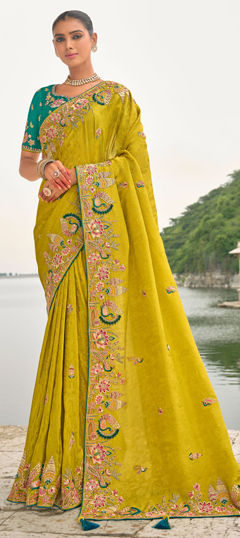 Yellow color Saree in Silk fabric with Border, Embroidered, Resham, Stone, Thread, Zari work