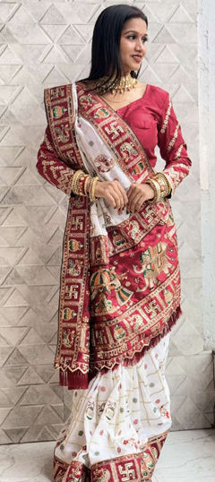 Red and Maroon, White and Off White color Saree in Silk fabric with Embroidered, Stone, Thread work