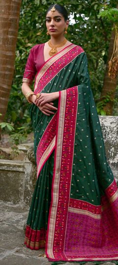 Green color Saree in Banarasi Silk fabric with Weaving, Zari work