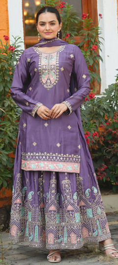 Purple and Violet color Salwar Kameez in Silk fabric with Embroidered, Sequence, Thread work