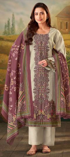 White and Off White color Salwar Kameez in Muslin fabric with Digital Print, Zari work