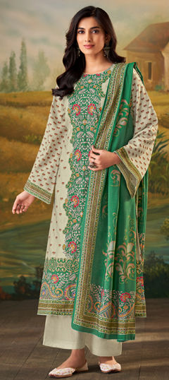 White and Off White color Salwar Kameez in Muslin fabric with Digital Print, Zari work