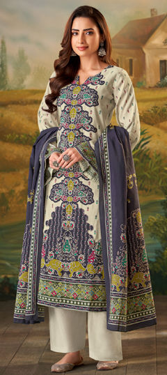 White and Off White color Salwar Kameez in Muslin fabric with Digital Print, Zari work