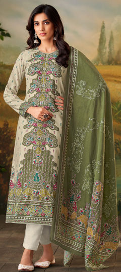 White and Off White color Salwar Kameez in Muslin fabric with Digital Print, Zari work