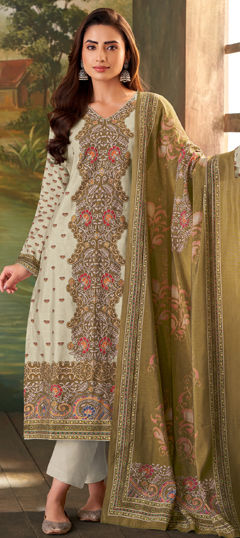 White and Off White color Salwar Kameez in Muslin fabric with Digital Print, Zari work
