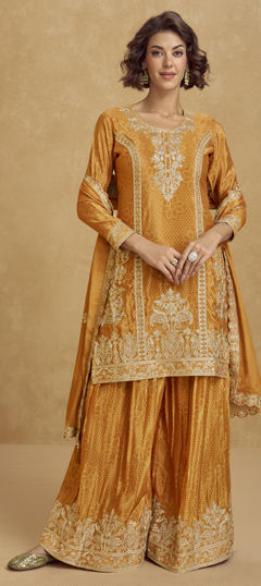 Orange color Salwar Kameez in Silk fabric with Bandhej, Embroidered, Printed, Sequence, Thread, Zari work