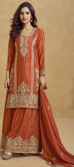 Red and Maroon color Salwar Kameez in Silk fabric with Bandhej, Embroidered, Printed, Sequence, Thread, Zari work