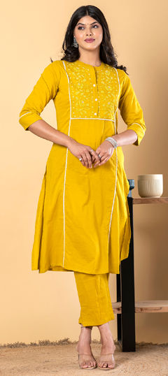 Yellow color Salwar Kameez in Linen fabric with Embroidered, Resham, Thread work