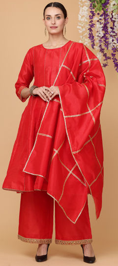 Red and Maroon color Salwar Kameez in Silk fabric with Gota Patti work