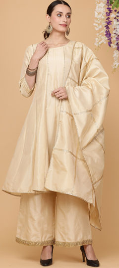 Beige and Brown color Salwar Kameez in Silk fabric with Gota Patti work