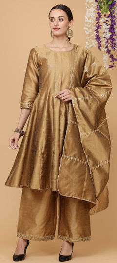 Beige and Brown color Salwar Kameez in Silk fabric with Gota Patti work