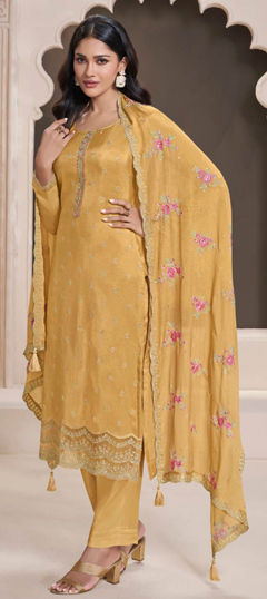 Yellow color Salwar Kameez in Silk fabric with Embroidered, Sequence, Thread work