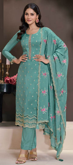 Blue color Salwar Kameez in Silk fabric with Embroidered, Sequence, Thread work