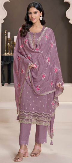 Purple and Violet color Salwar Kameez in Silk fabric with Embroidered, Sequence, Thread work