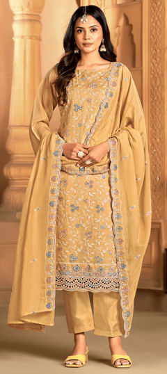 Beige and Brown color Salwar Kameez in Organza Silk fabric with Embroidered, Thread, Zircon work
