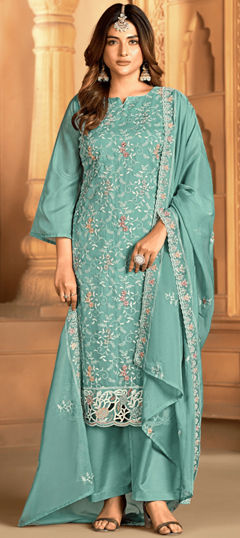 Blue color Salwar Kameez in Organza Silk fabric with Embroidered, Thread, Zircon work