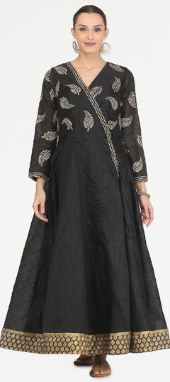Black and Grey color Kurti in Silk fabric with Block Print work