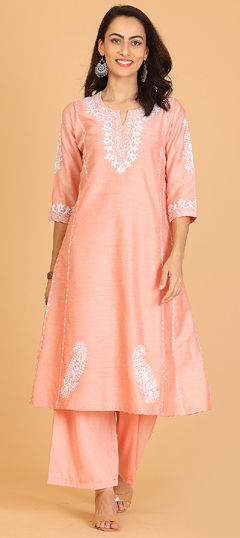 Pink and Majenta color Salwar Kameez in Silk cotton fabric with Embroidered, Thread work