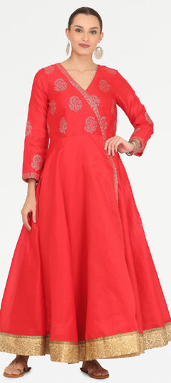 Red and Maroon color Kurti in Silk fabric with Block Print work