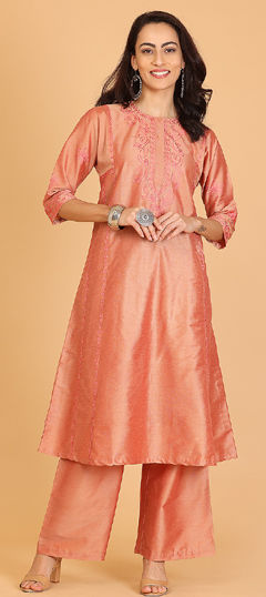 Orange color Salwar Kameez in Silk cotton fabric with Embroidered, Thread work