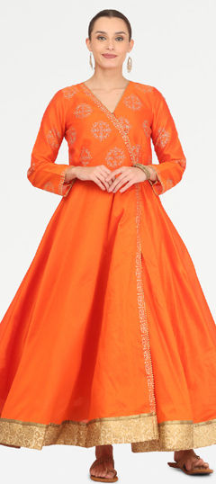 Orange color Kurti in Silk fabric with Block Print work