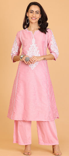 Pink and Majenta color Salwar Kameez in Silk cotton fabric with Embroidered, Thread work