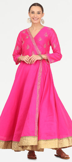 Pink and Majenta color Kurti in Silk fabric with Block Print work
