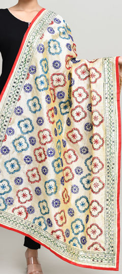 Beige and Brown color Dupatta in Cotton fabric with Embroidered, Thread work