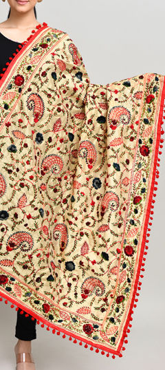 Beige and Brown color Dupatta in Cotton fabric with Embroidered, Thread work