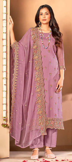 Pink and Majenta color Salwar Kameez in Chiffon fabric with Embroidered, Resham, Sequence, Thread work
