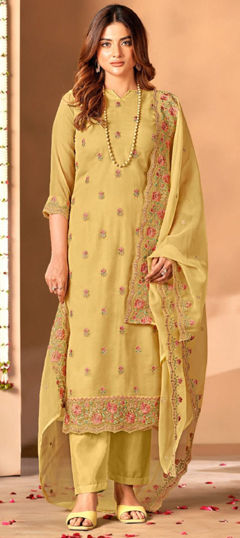 Yellow color Salwar Kameez in Chiffon fabric with Embroidered, Resham, Sequence, Thread work